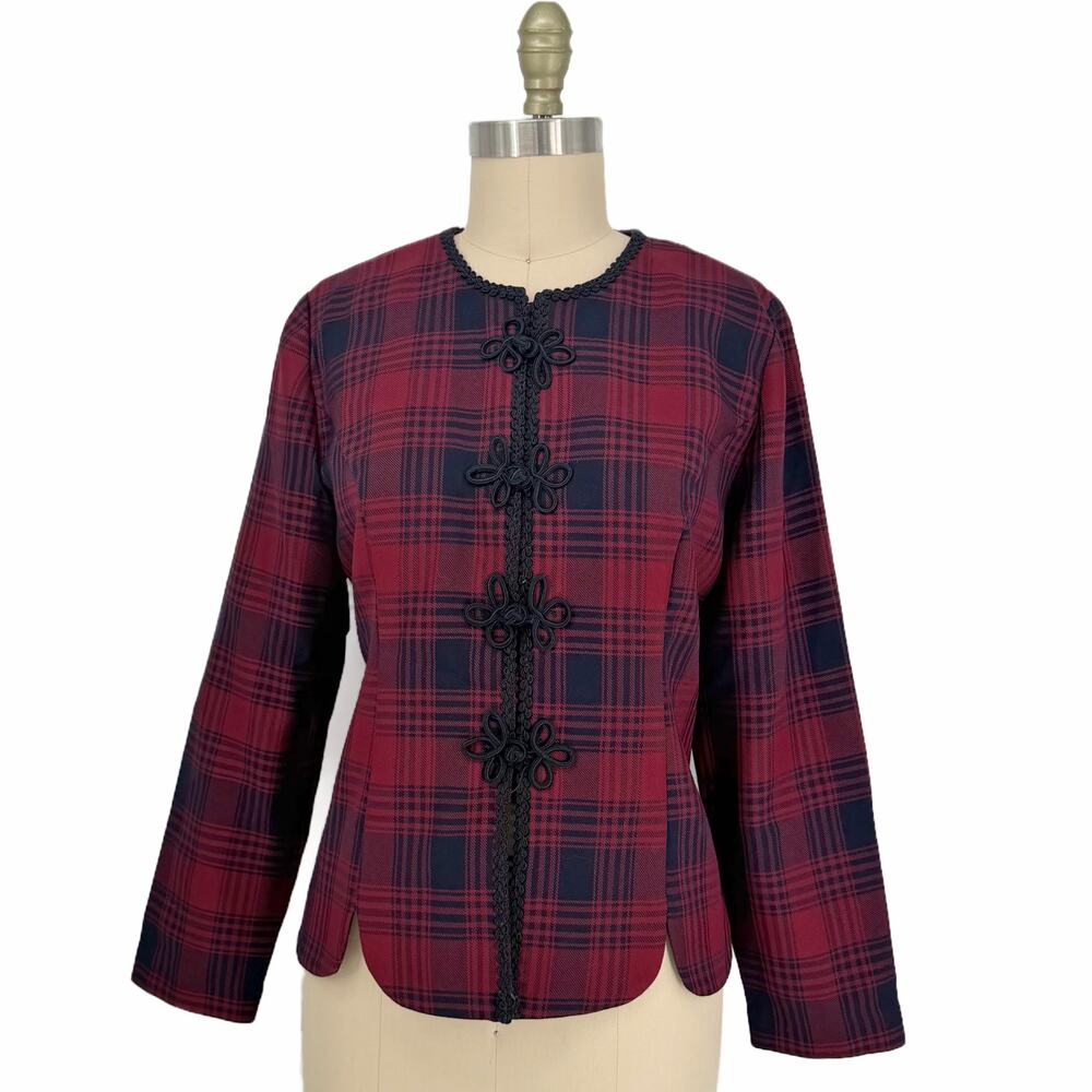 Vintage 90s Jessica Howard Fitted Tartan Plaid Blazer 12 Petite Wine/Navy